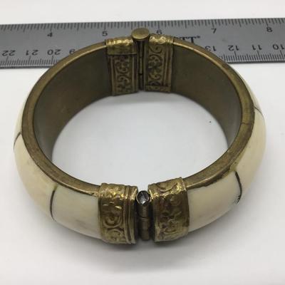 Vintage BONE and Brass Hinged Bracelet with Metal Inlays