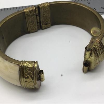 Vintage BONE and Brass Hinged Bracelet with Metal Inlays