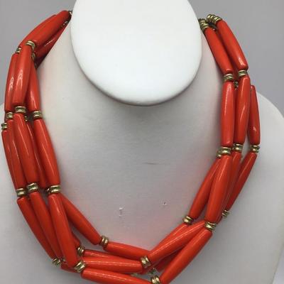 VINTAGE ORANGE TUBE BEAD AND Gold  ACCENT MULTI STRAND NECKLACE