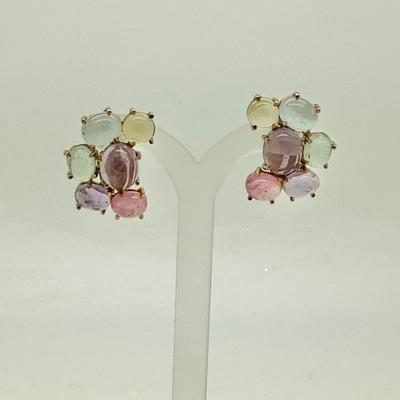 #8280 14K Yellow Gold Cabochon Stones Cluster Clip-On Earrings