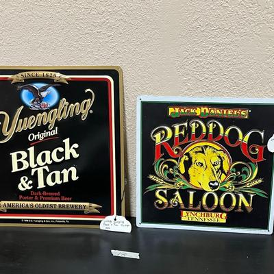 Vintage Yuengling Original Black & Tan Tin Sign 1996 Beer Wall Hanging and Vintage Jack Daniels Red dog Saloon sign 1990s Bar room Game