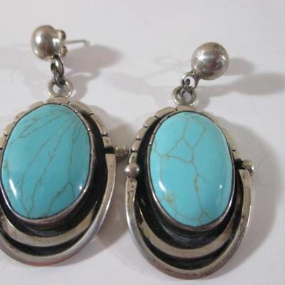 Pair of 925 Blue Turquoise Droop Dangle Aztec Earrings Marked 925 1-3"