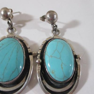 Pair of 925 Blue Turquoise Droop Dangle Aztec Earrings Marked 925 1-3