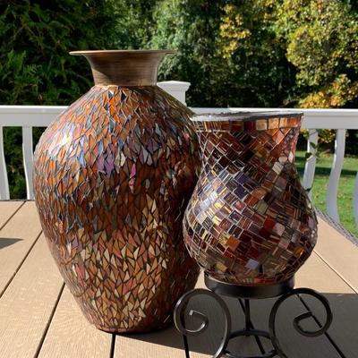 LOT 14R: Amber Mosaic Vase and Candle w/Stand
