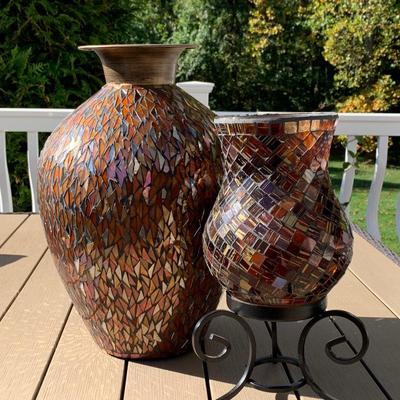 LOT 14R: Amber Mosaic Vase and Candle w/Stand