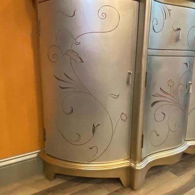 LOT 48C: Gold/Silver Credenza with Leaf Floral Accents & Teardrop Hardware