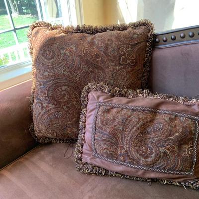 LOT:51G:  Brown Microfiber and Wood Sofa with reversible Cushions