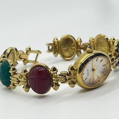LOT 72: Vintage Monet Gemstone Scarab Watch (missing part of clasp - needs battery)