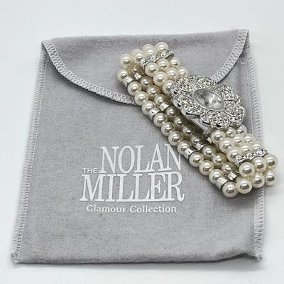 LOT 95: Nolan Miller Faux Pearl Stretch Bracelet Watch in Original Box (needs battery)