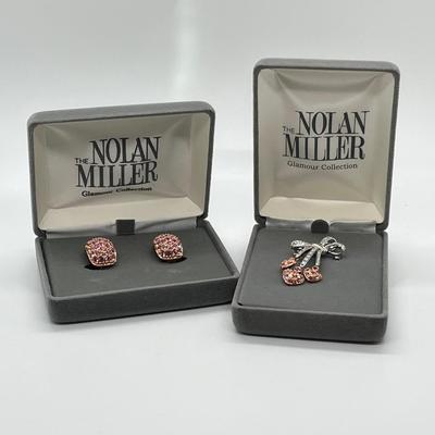 LOT 98: Nolan Miller Pink Pave Clip-On Demi-Hoop Earrings & Charming Bow Pin in Original Boxes