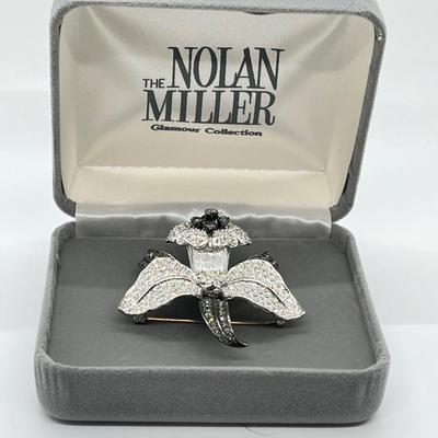 LOT 100: Nolan Miller Pave Orchid Pin & Matching Clip-on Earrings in Boxes