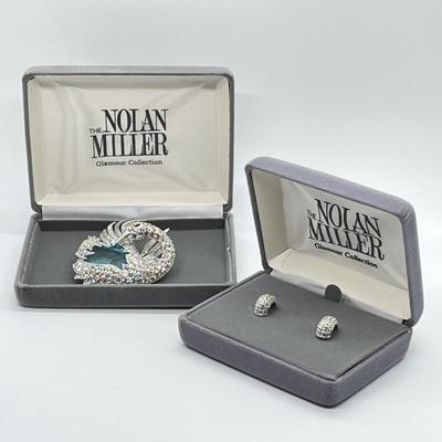 LOT 101: Nolan Miller Superb Swan Pin & Pave Hoop Pierced Earrings in Boxes