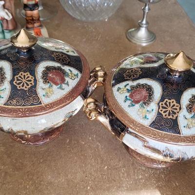 Two Chinese Asian bowls with lids, gold accents