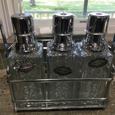 3 Decanters Tantalus caddy with glass bottles