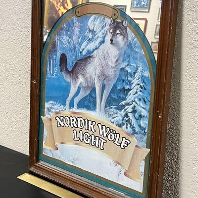 Vintage 1984 Framed Bar Mirror Ad Imported Nordik Wolf Light Beer