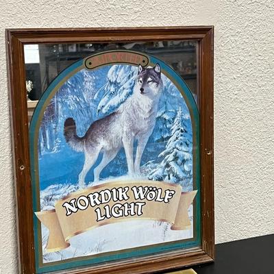 Vintage 1984 Framed Bar Mirror Ad Imported Nordik Wolf Light Beer