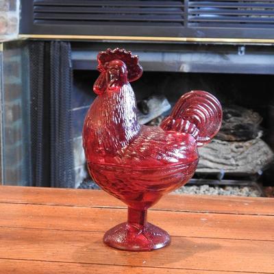 Vintage Glass Red Rooster Candy dish