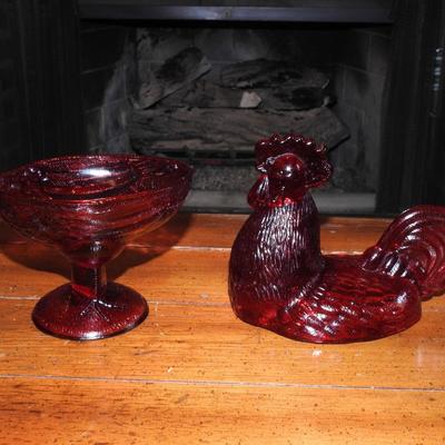 Vintage Glass Red Rooster Candy dish