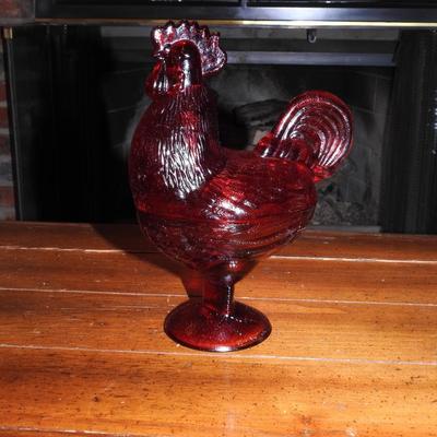 Vintage Glass Red Rooster Candy dish
