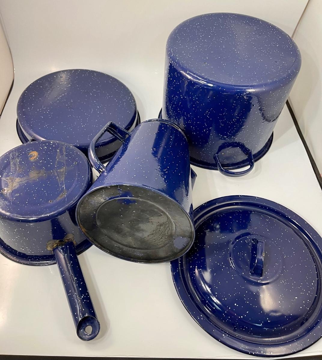 Vtg Lot of 4 Blue Speckled Pots Pans Enamelware Metal Camp Kitchen