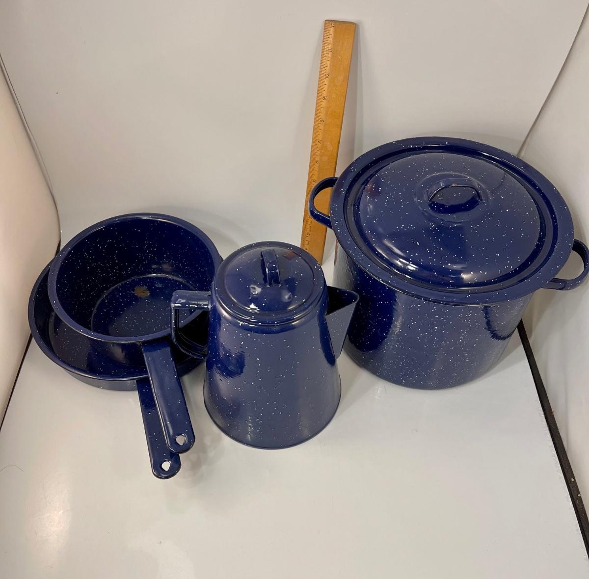 Vintage Blue Speckled Enamelware Camping Cook Out Kitchen Pots