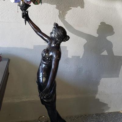 Art Deco Figural Floor Lamp with Tiffany style shade 57" tall!