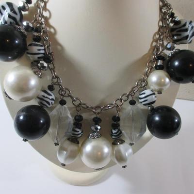 Large Black and white Beads , Droop Down Vintage style Necklace 12+ adjustable clasp