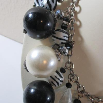 Large Black and white Beads , Droop Down Vintage style Necklace 12+ adjustable clasp