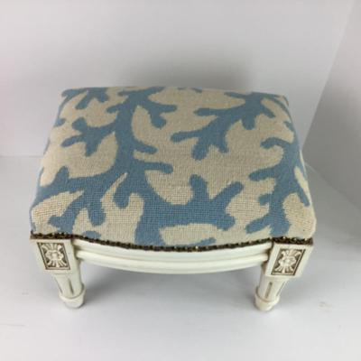 Lot. 8002. Small Blue Coral Needlepoint Footstool