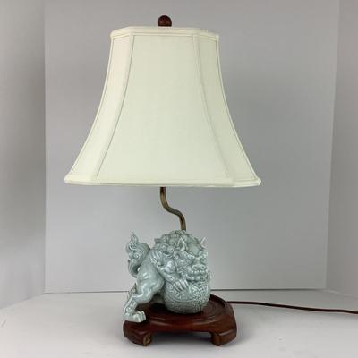 Lot. 8004. Celedon Foo Dog Lamp on Chinese Style Base