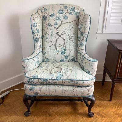 8007 Aqua Blue & Cream Colored Linen Upholstered Wingback Chair