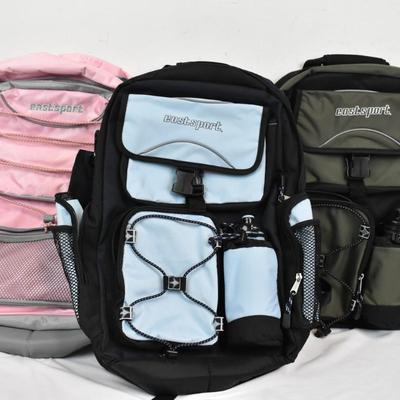 3 Eastsport Multipurpose Sport Backpacks with Coordinating Water Bottles, New