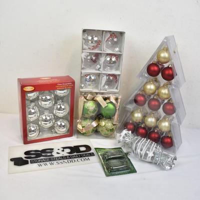 Christmas Ornament Lot, Glass "Believe", Red Gold and Silver Ornaments, Hooks