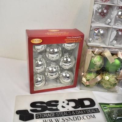 Christmas Ornament Lot, Glass "Believe", Red Gold and Silver Ornaments, Hooks