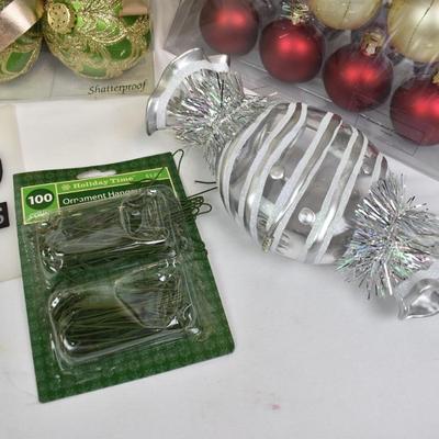 Christmas Ornament Lot, Glass "Believe", Red Gold and Silver Ornaments, Hooks