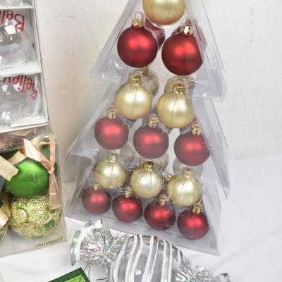 Christmas Ornament Lot, Glass "Believe", Red Gold and Silver Ornaments, Hooks