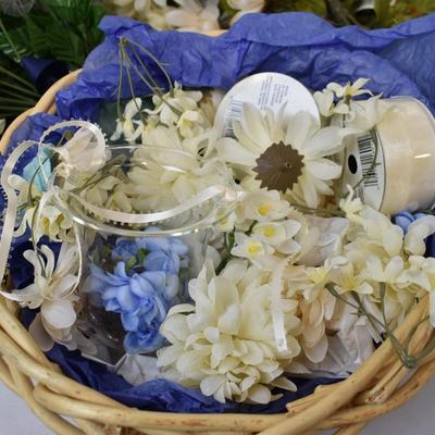 Artificial Flowers Lot: Various Flowers, Wicker Basket, Ribbon, Vases