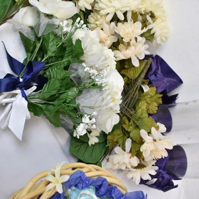 Artificial Flowers Lot: Various Flowers, Wicker Basket, Ribbon, Vases