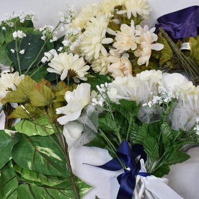 Artificial Flowers Lot: Various Flowers, Wicker Basket, Ribbon, Vases