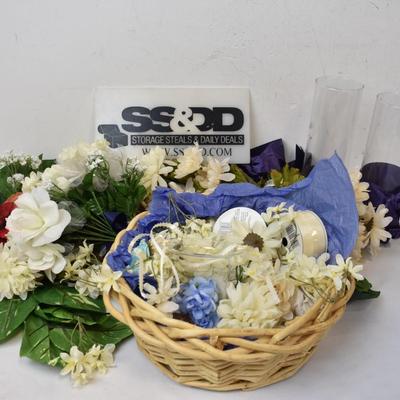 Artificial Flowers Lot: Various Flowers, Wicker Basket, Ribbon, Vases