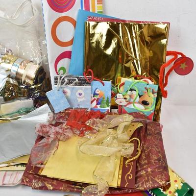 Gift Bags, Gift Paper, and Ribbon Lot - Mostly Christmas Theme