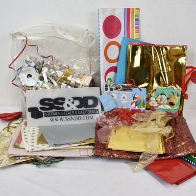 Gift Bags, Gift Paper, and Ribbon Lot - Mostly Christmas Theme