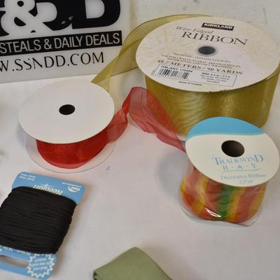 Craft Ribbon Lot, Gold Wire Edged Ribbon, Fabric Green Ribbon, Nylon Cord