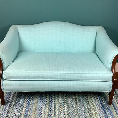 8022  Vintage Settee Newly Upholstered Teal Blue Fabric