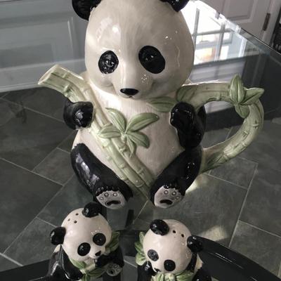 Ceramic panda tea pot and salt and pepper shakers