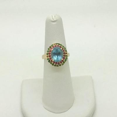 #8298 14K Yellow Gold Blue Topaz, Ruby & Emerald Cluster Ring