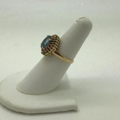 #8298 14K Yellow Gold Blue Topaz, Ruby & Emerald Cluster Ring