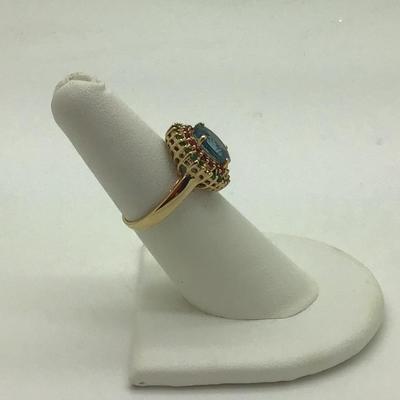 #8298 14K Yellow Gold Blue Topaz, Ruby & Emerald Cluster Ring