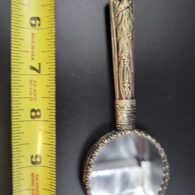 ANTIQUE SMALL SILVER TONED DECORATIVE TRAVEL MIRROR