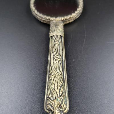 ANTIQUE SMALL SILVER TONED DECORATIVE TRAVEL MIRROR